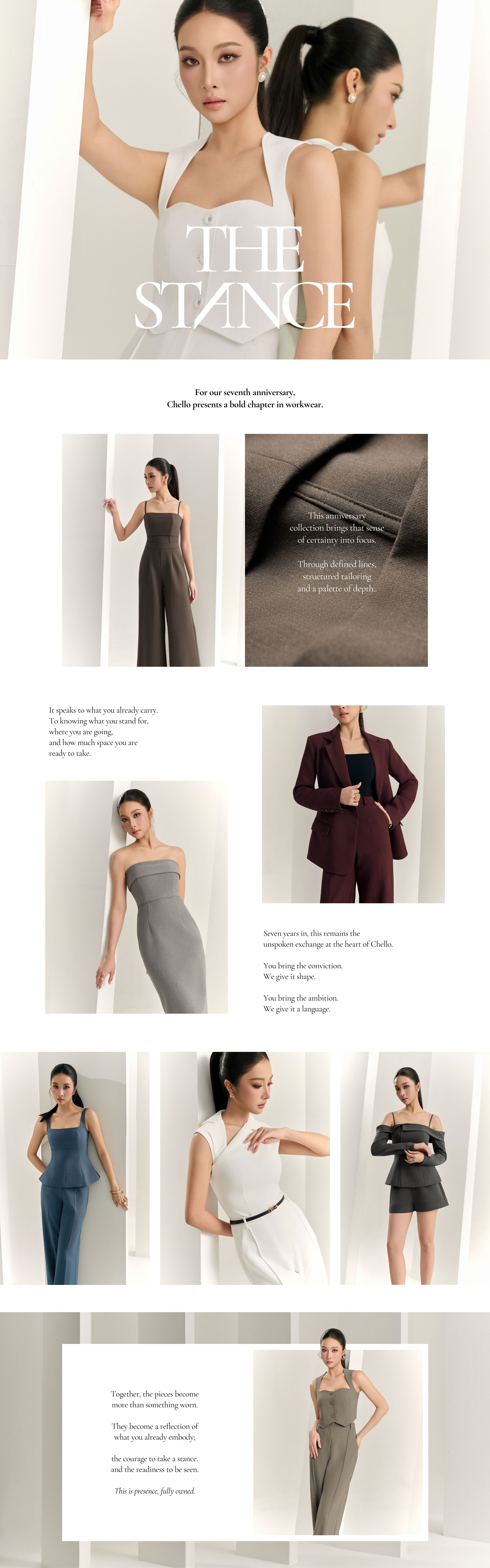 This anniversary collection brings certainty into focus, through defined lines, structured tailoring and a palette of depth.