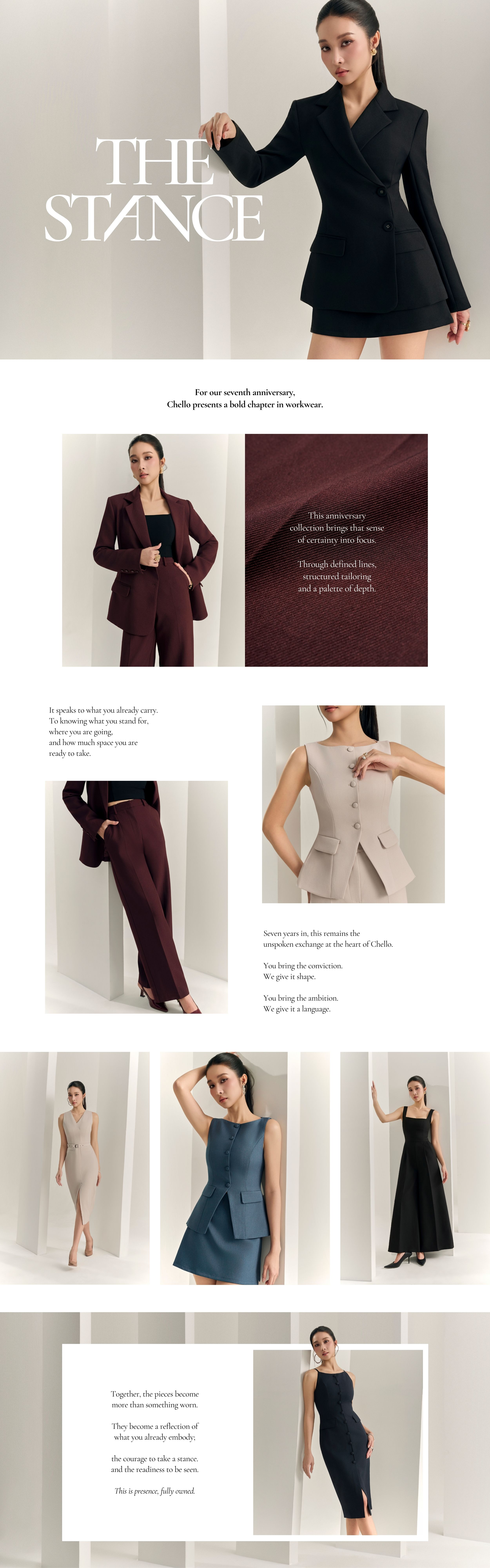 This anniversary collection brings certainty into focus, through defined lines, structured tailoring and a palette of depth.