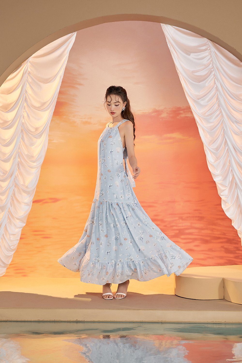 Claudette Tie-Back Halter Padded Maxi Dress in Cloud Blue/Seashell