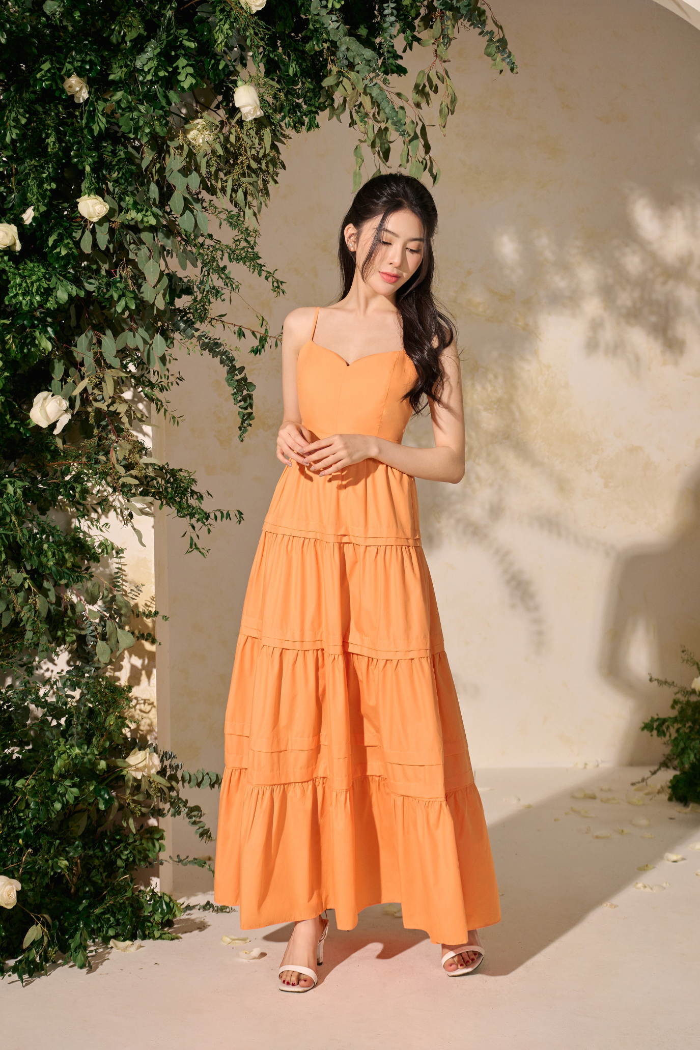 Lilou Sweetheart Neckline Tiered Maxi Dress in Tangerine