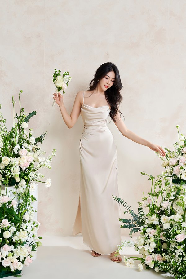 Artemis Ethereal Cowl Ruched Maxi Dress in Champagne