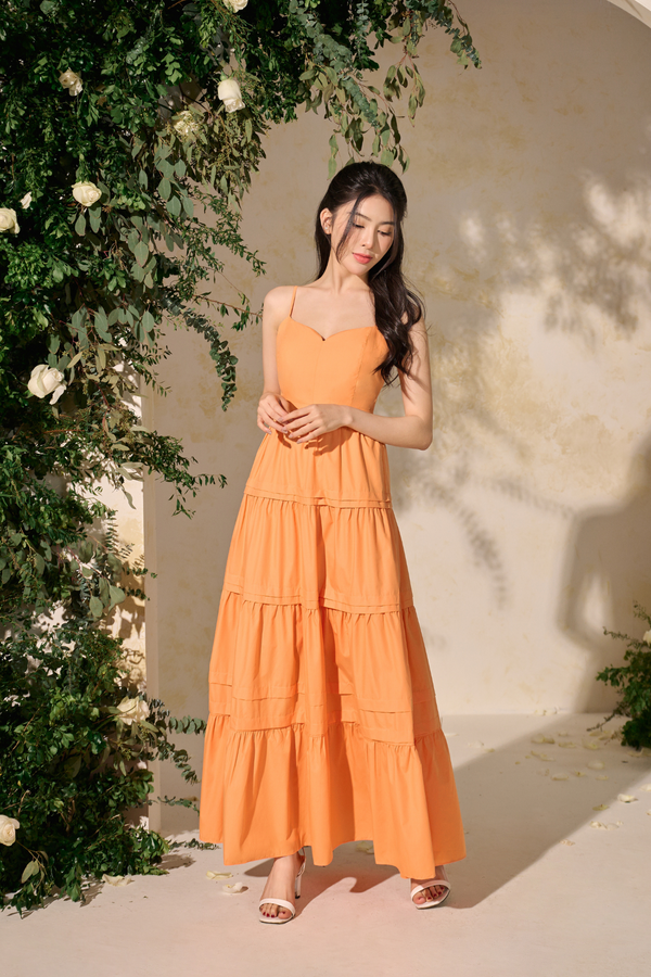 Lilou Sweetheart Neckline Tiered Maxi Dress in Tangerine