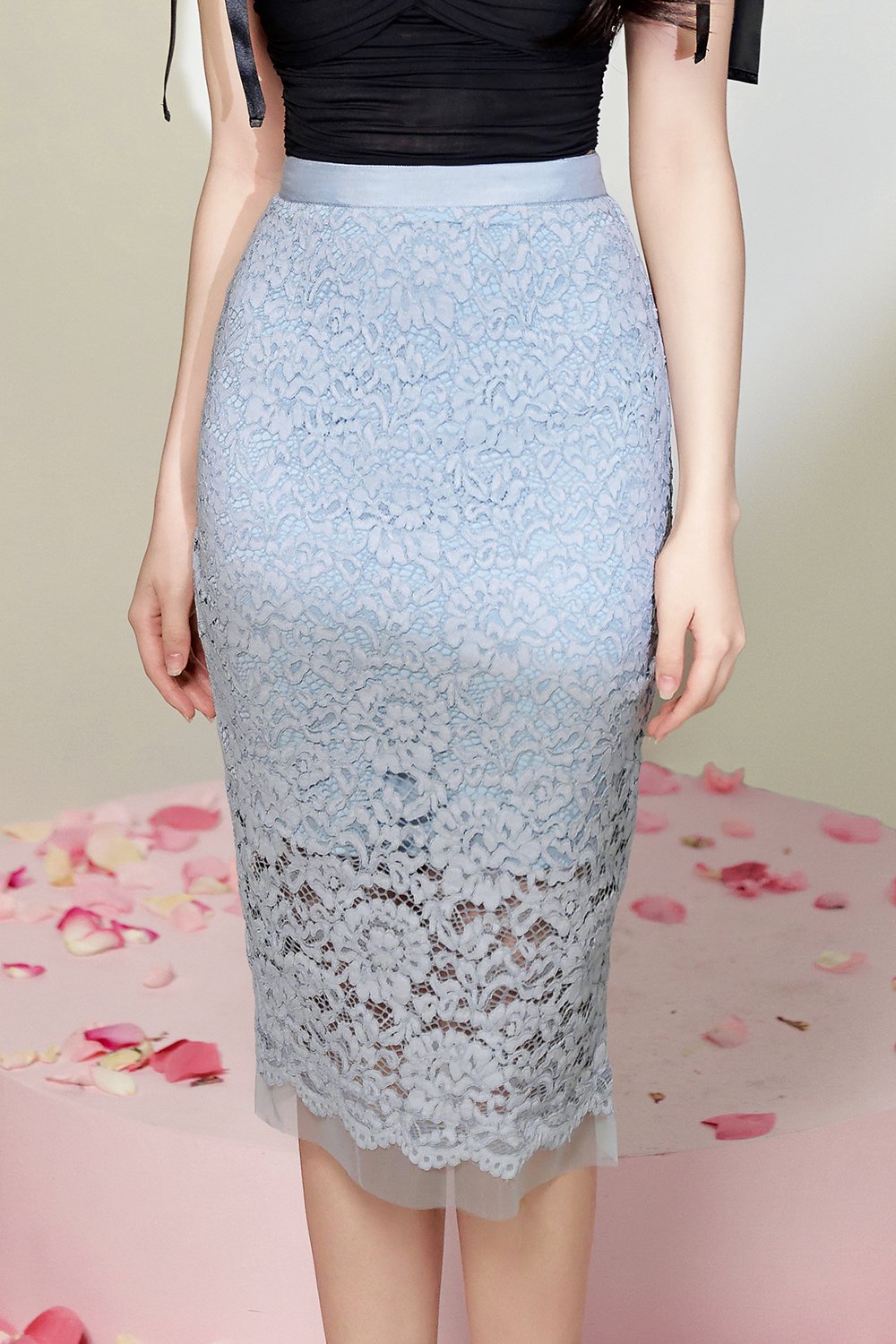 Carys Lace Fitted Midi Skirt in Iceberg Blue