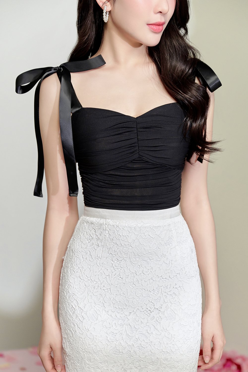 Velda Sweetheart Mesh Top with Ribbon Straps in Classic Black