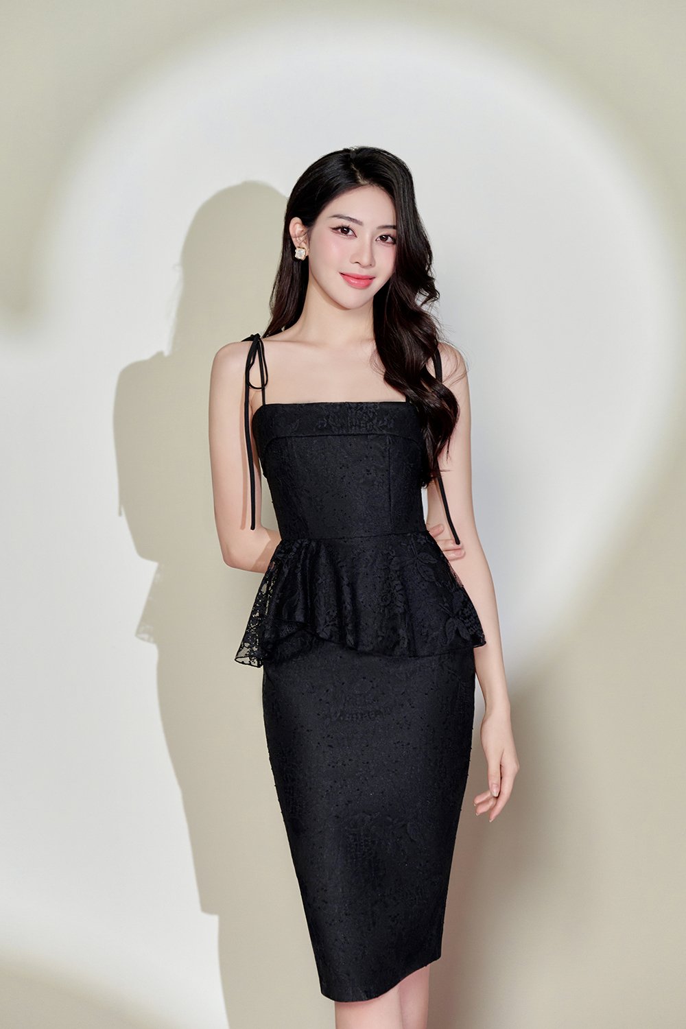 Candace Lace Peplum Pencil Dress in Classic Black