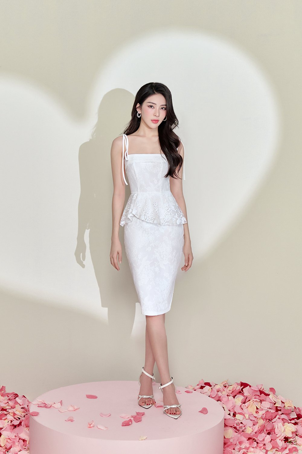 Candace Lace Peplum Pencil Dress in Iconic White