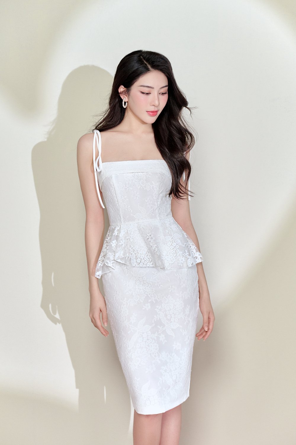 Candace Lace Peplum Pencil Dress in Iconic White