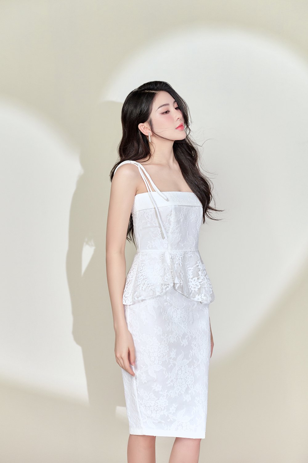 Candace Lace Peplum Pencil Dress in Iconic White