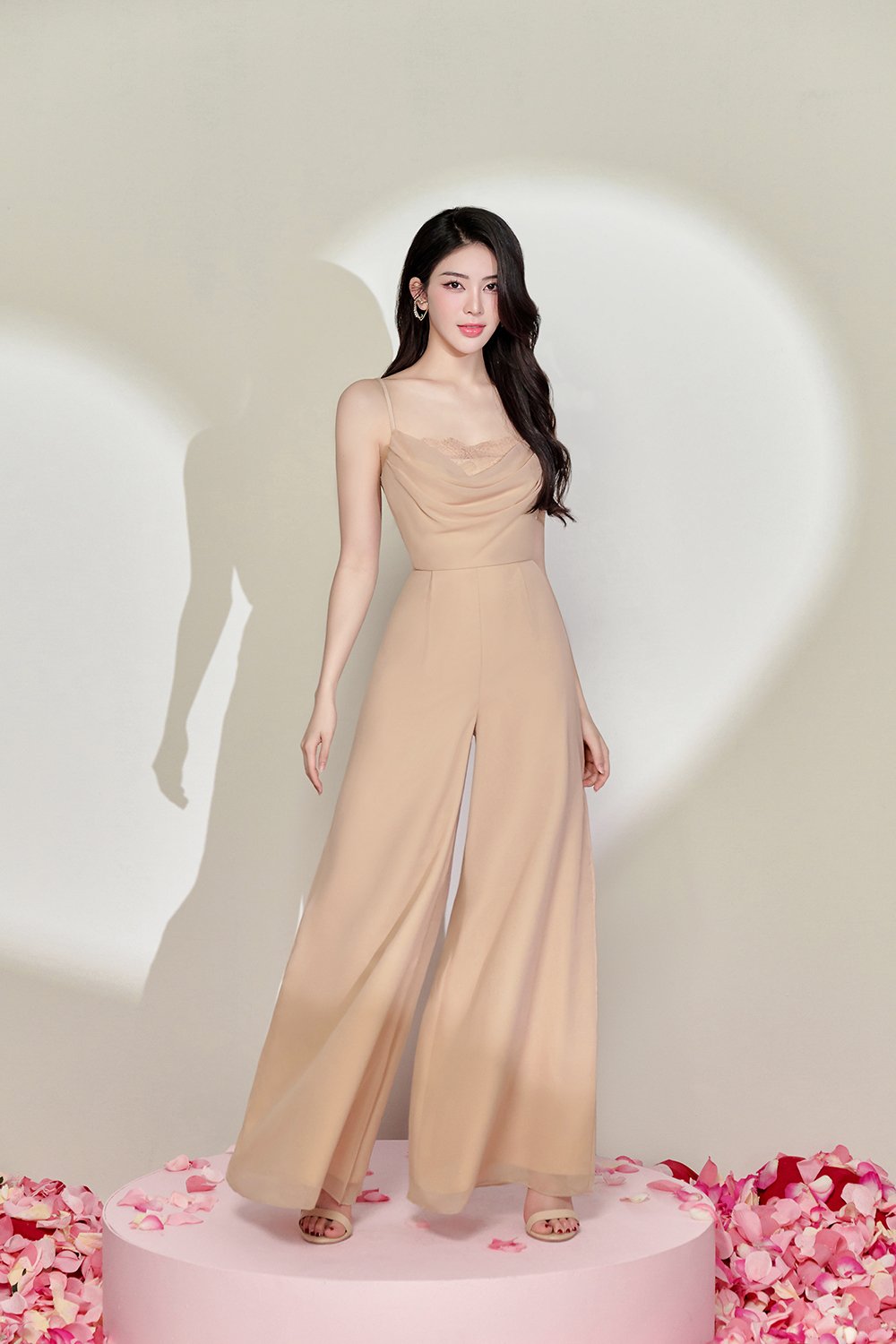 Rhys Cowl Neck Lace Jumpsuit in Champagne Nude