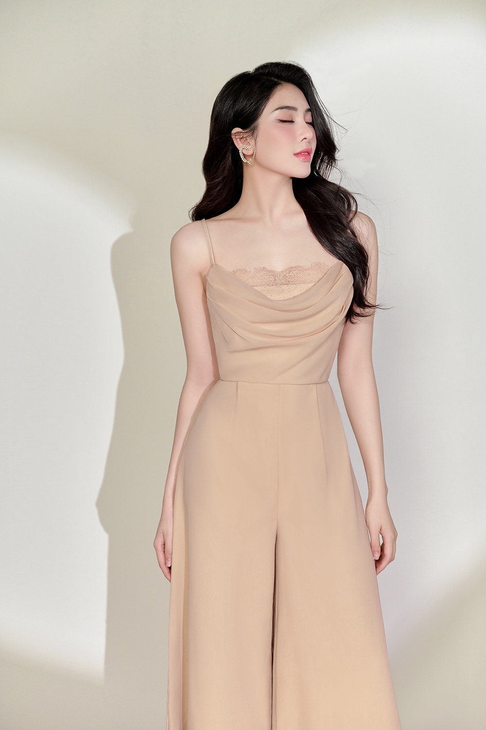 Rhys Cowl Neck Lace Jumpsuit in Champagne Nude