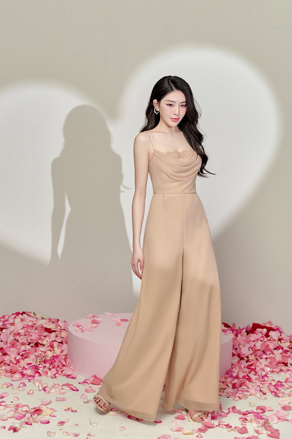 Rhys Cowl Neck Lace Jumpsuit in Champagne Nude