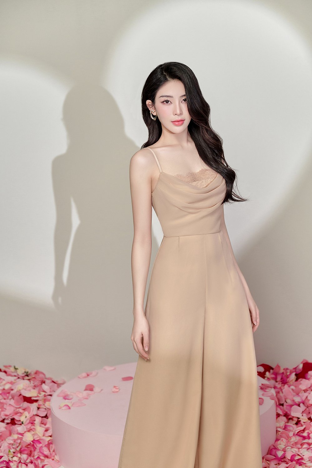 Rhys Cowl Neck Lace Jumpsuit in Champagne Nude