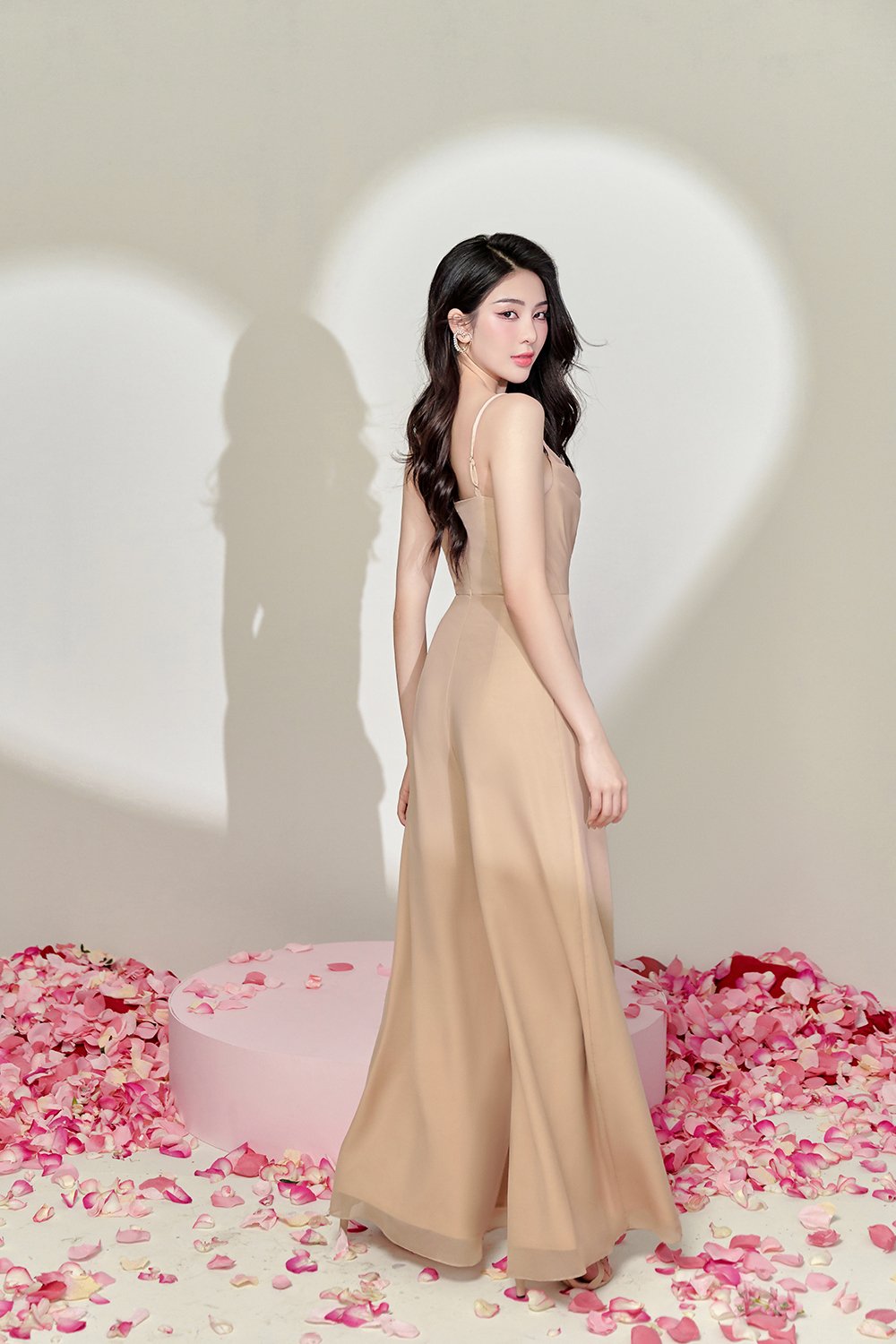 Rhys Cowl Neck Lace Jumpsuit in Champagne Nude