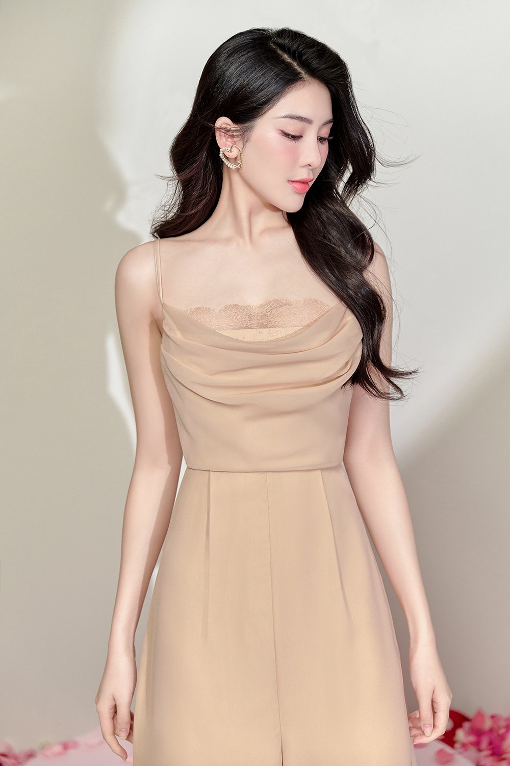 Rhys Cowl Neck Lace Jumpsuit in Champagne Nude