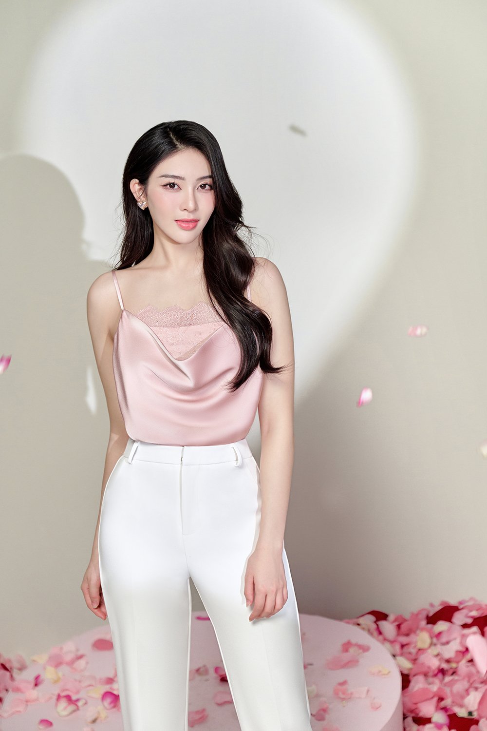 Zenni Cowl Neck Lace Accent Top in Blush Pink