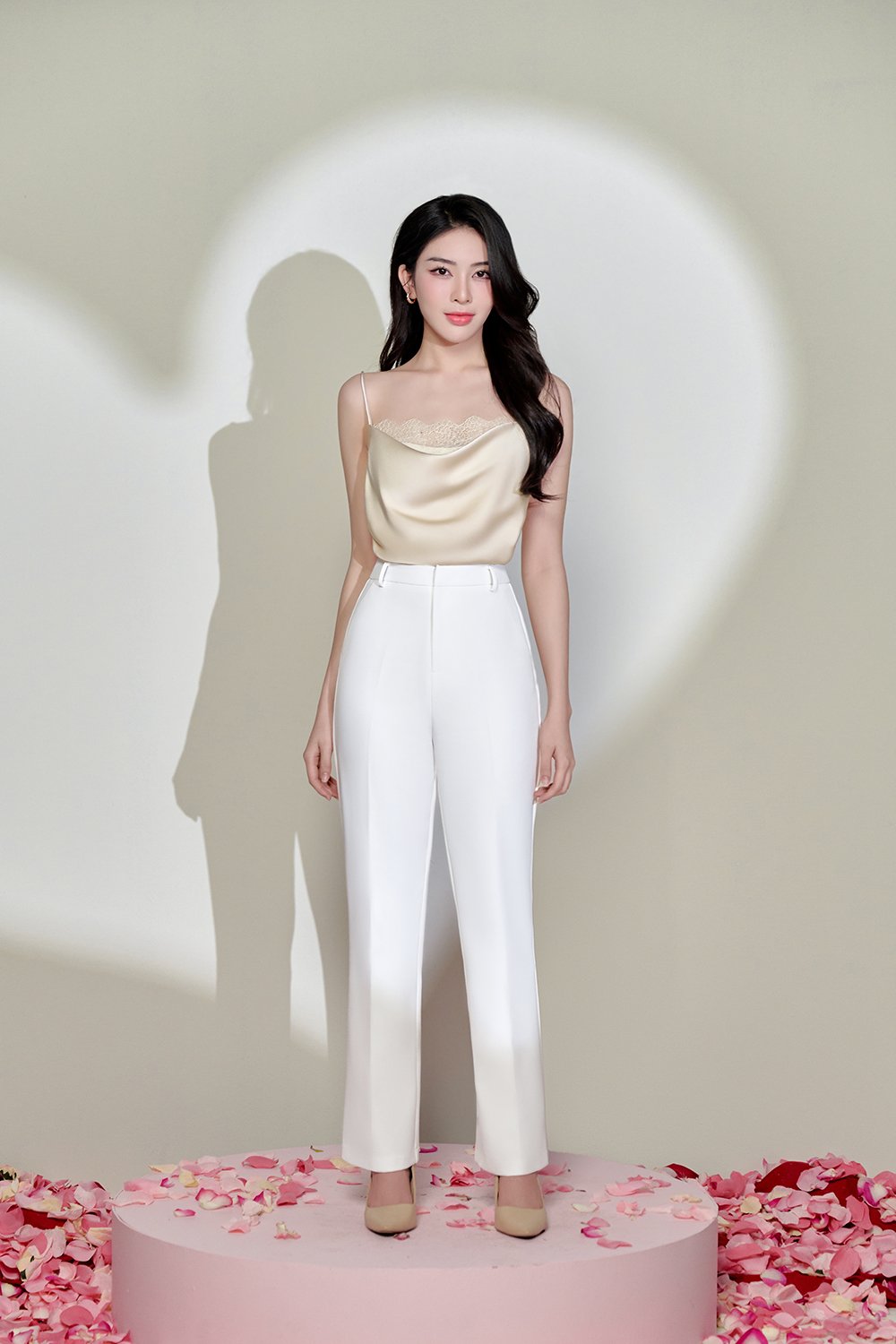 Zenni Cowl Neck Lace Accent Top in Light Champagne