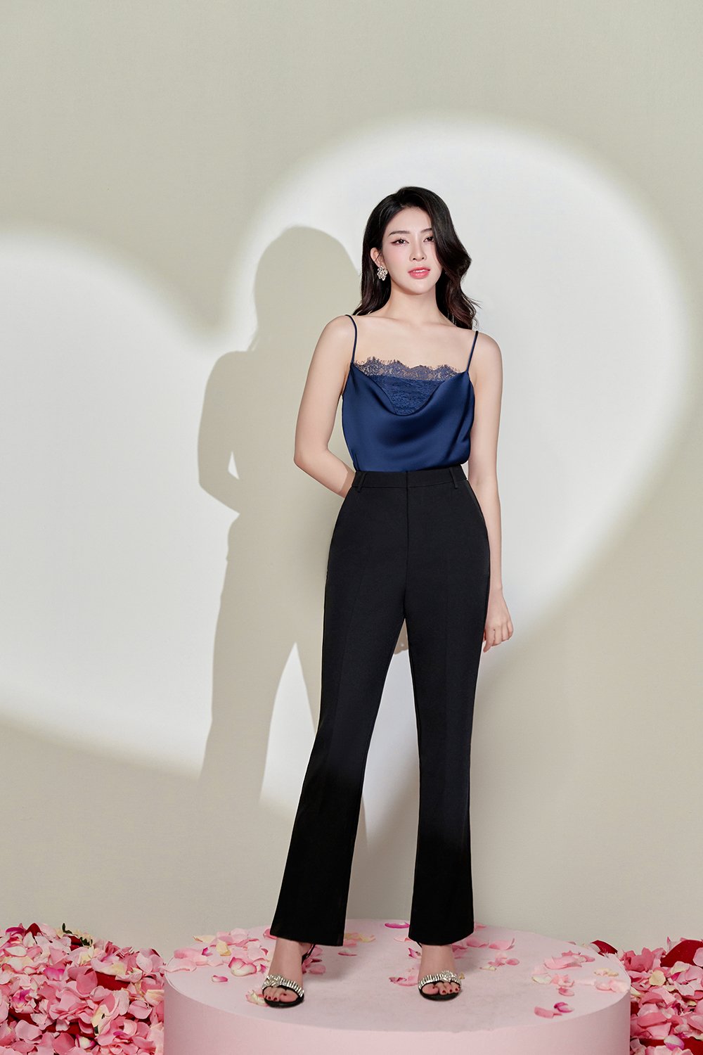 Zenni Cowl Neck Lace Accent Top in Navy Blue