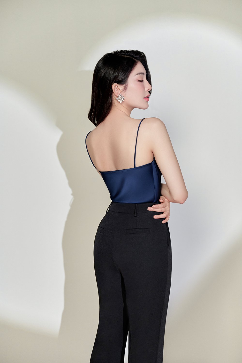 Zenni Cowl Neck Lace Accent Top in Navy Blue