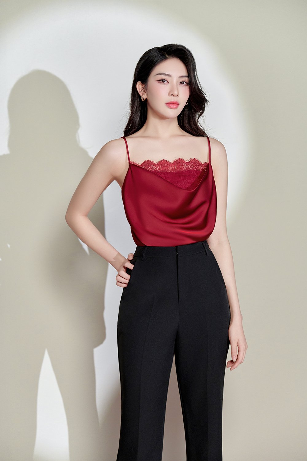 Zenni Cowl Neck Lace Accent Top in Wine Red