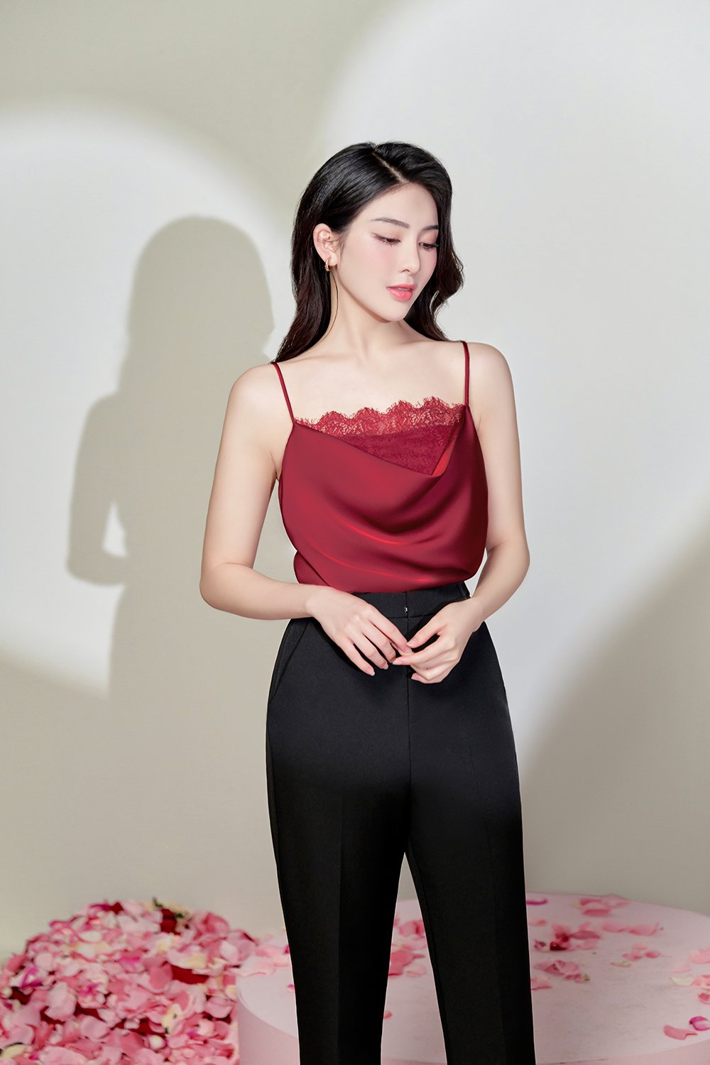 Zenni Cowl Neck Lace Accent Top in Wine Red