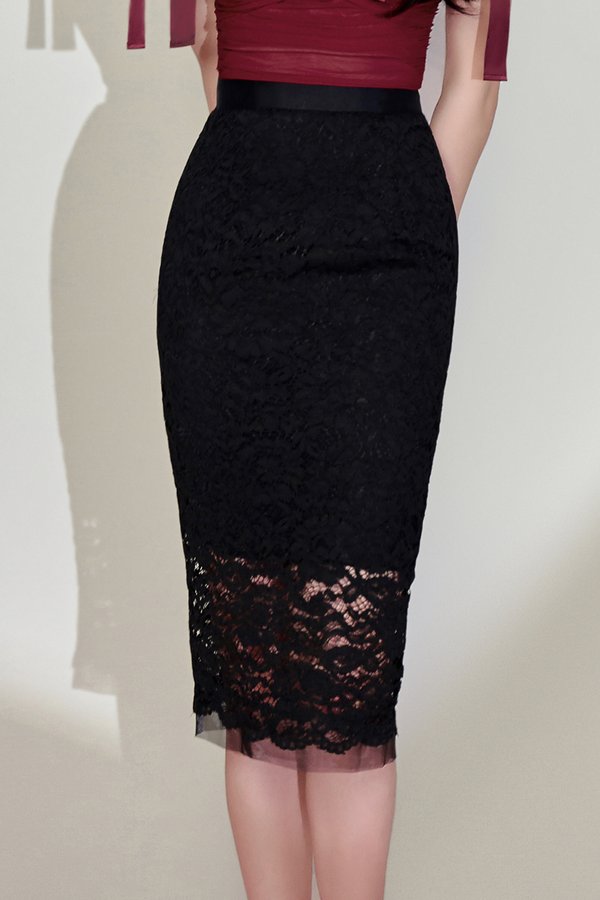 Carys Lace Fitted Midi Skirt in Classic Black