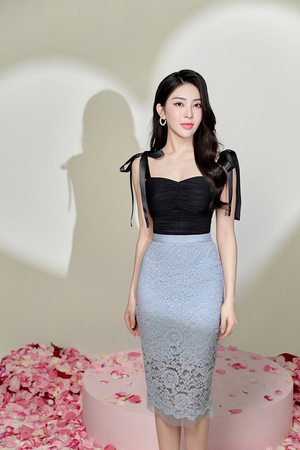Carys Lace Fitted Midi Skirt in Iceberg Blue
