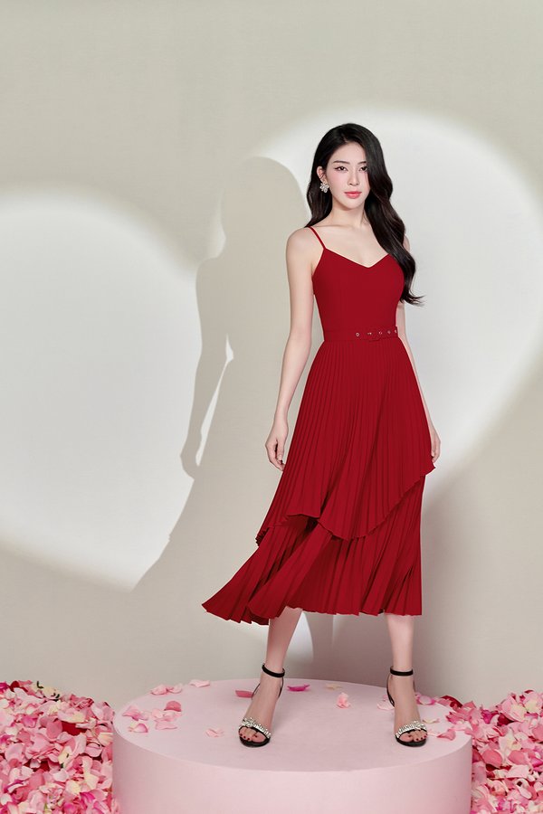 Jeanne Layered Pleated Midi Dress in Scarlet Red