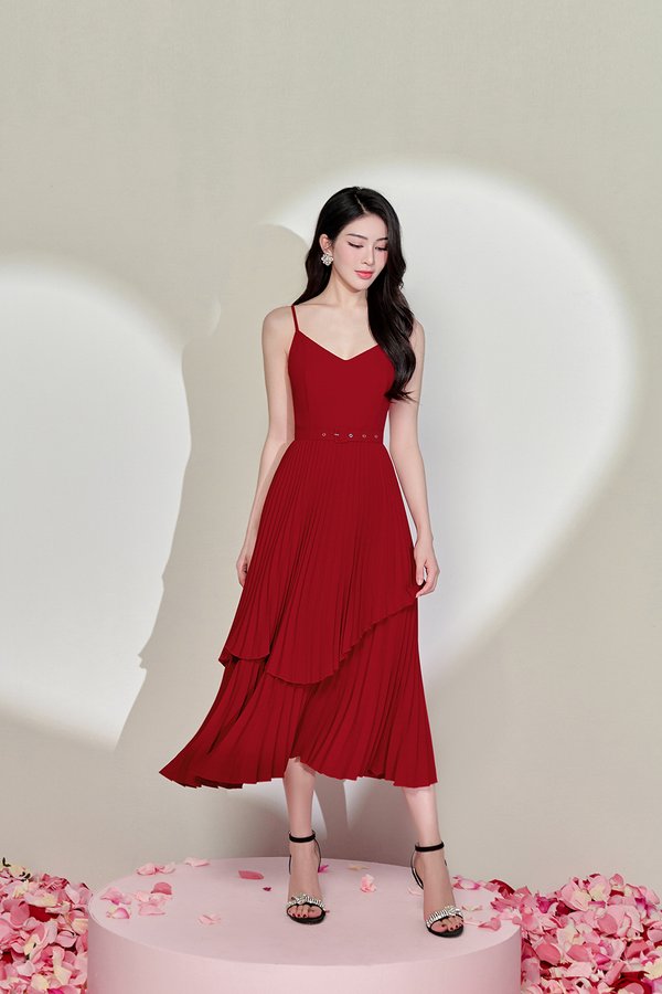 Jeanne Layered Pleated Midi Dress in Scarlet Red