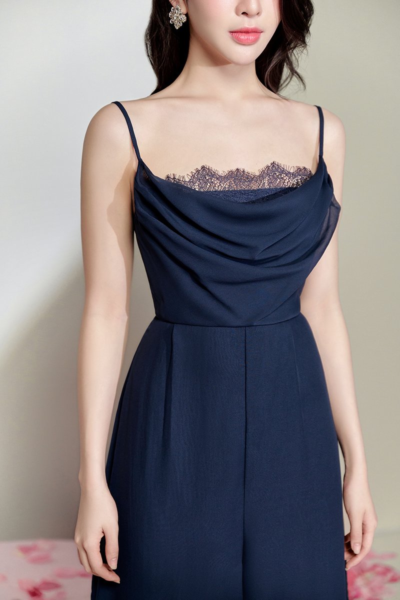 Rhys Cowl Neck Lace Jumpsuit in Navy Blue
