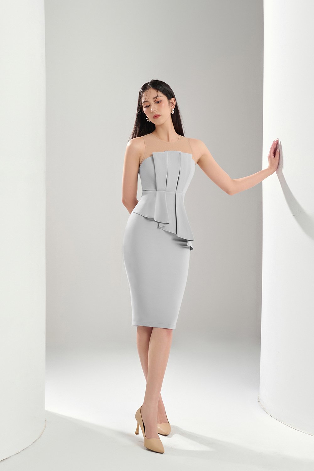 Simone Padded Pleated Peplum Dress in Pale Bluish Grey