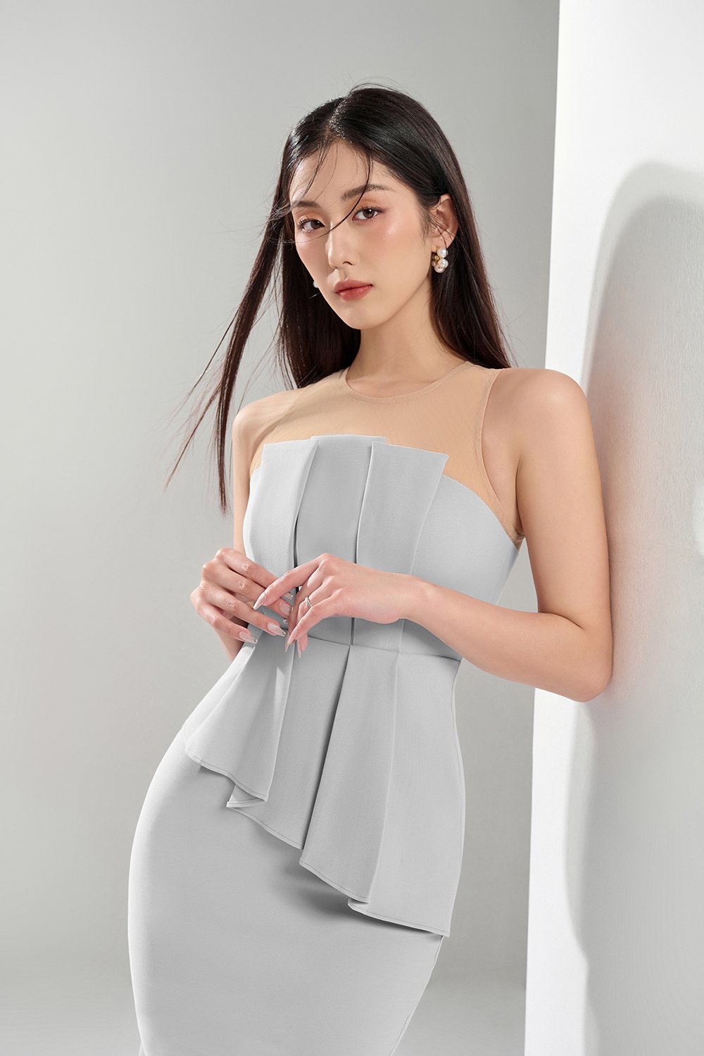 Simone Padded Pleated Peplum Dress in Pale Bluish Grey