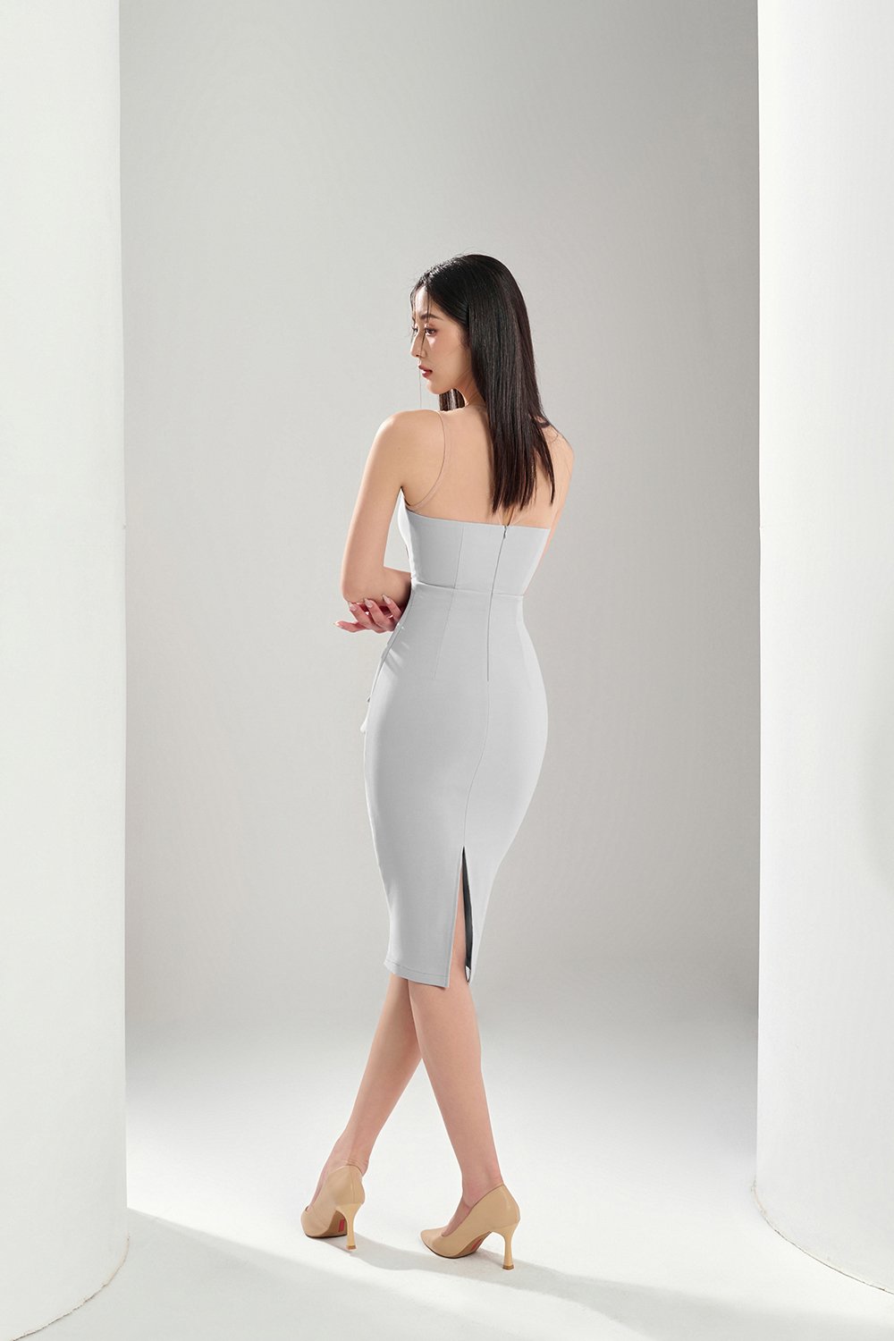 Simone Padded Pleated Peplum Dress in Pale Bluish Grey