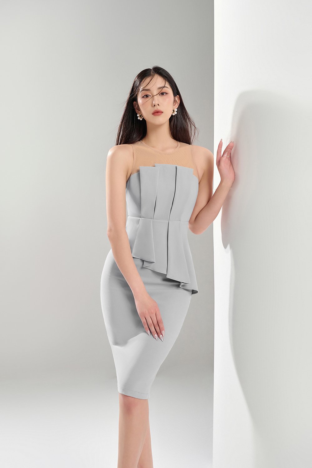 Simone Padded Pleated Peplum Dress in Pale Bluish Grey