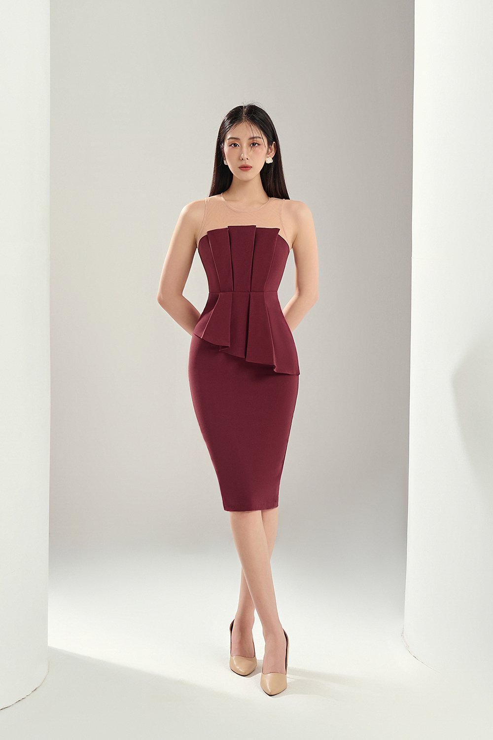 Simone Pleated Peplum Dress in Wine Red