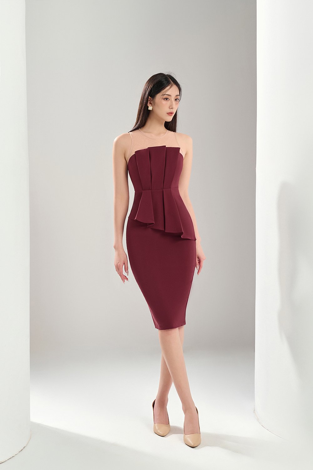 Simone Pleated Peplum Dress in Wine Red