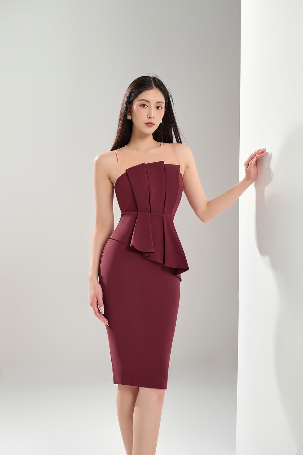 Simone Pleated Peplum Dress in Wine Red