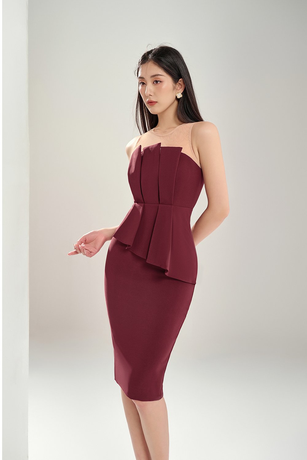 Simone Pleated Peplum Dress in Wine Red