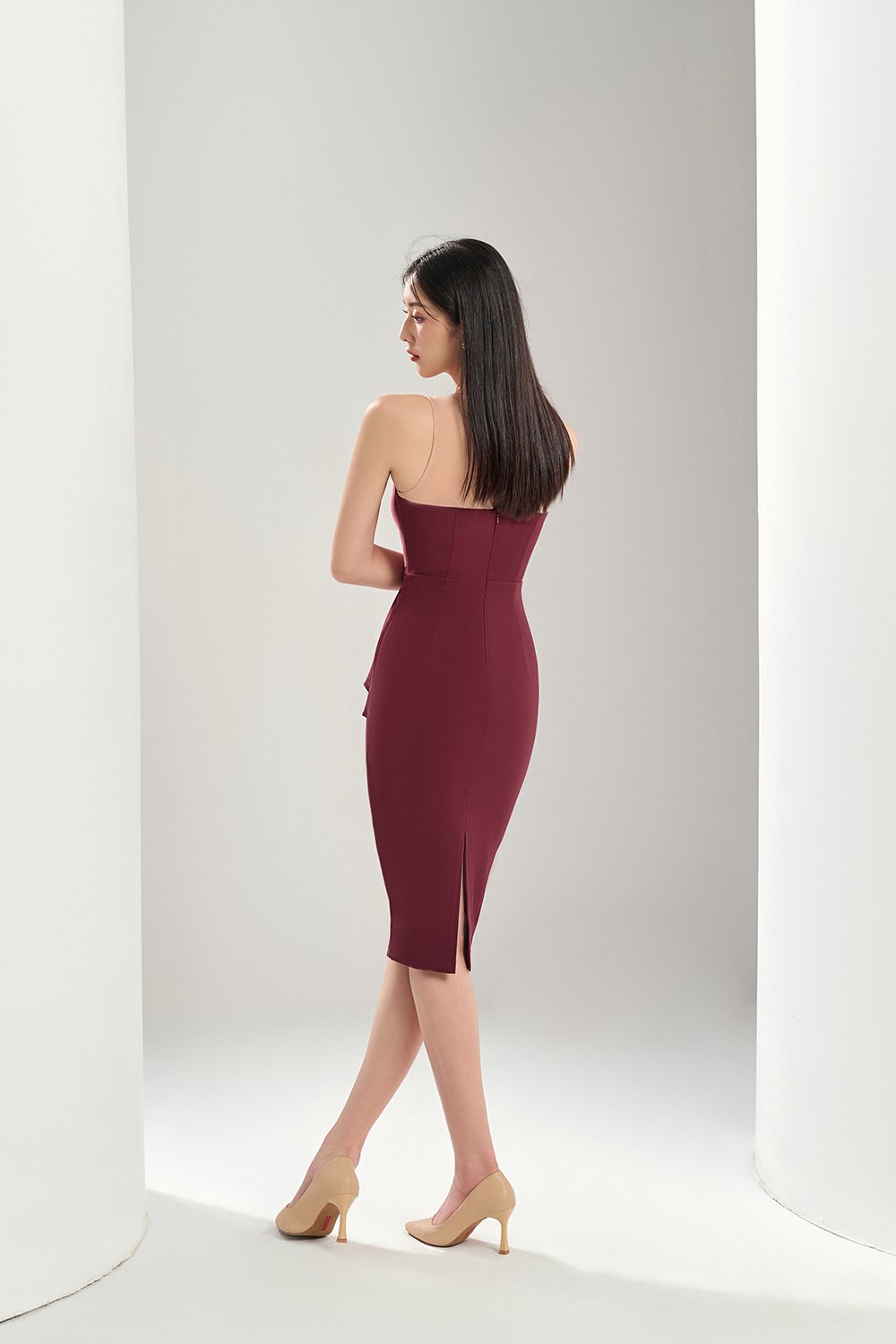 Simone Pleated Peplum Dress in Wine Red