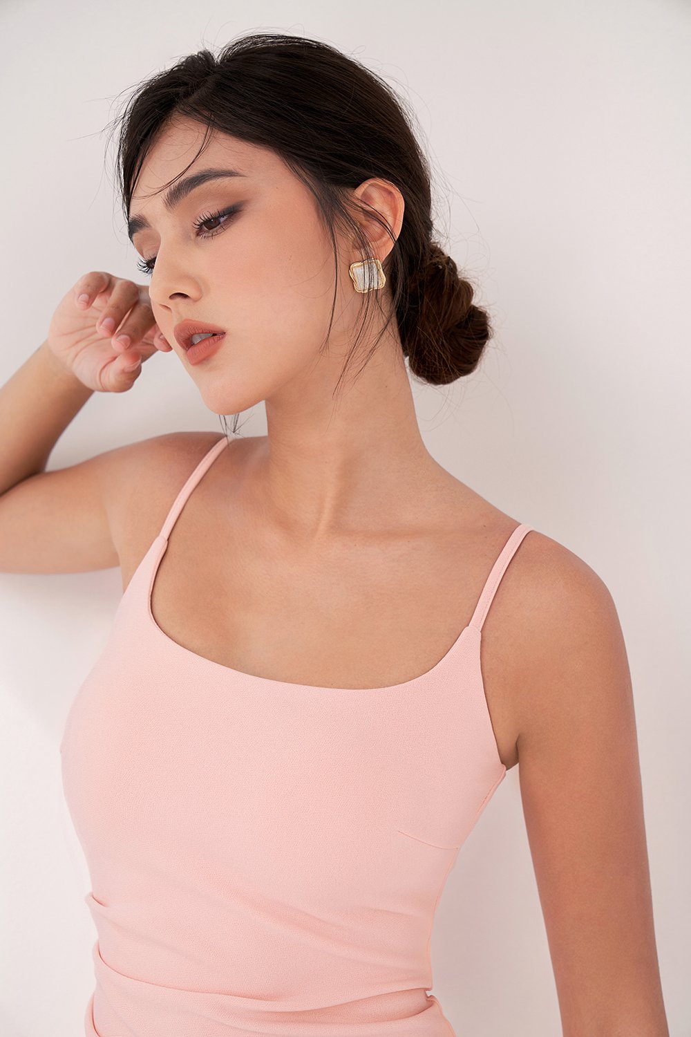 Clea Strappy wide U-neck Padded Ruched Dress in Blush Pink