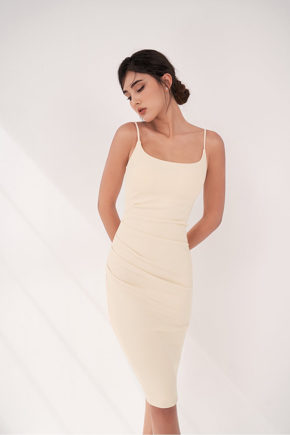 Clea Strappy wide U-neck Padded Ruched Dress in Ivory