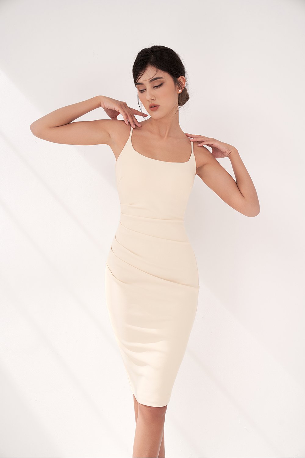 Clea Strappy wide U-neck Padded Ruched Dress in Ivory