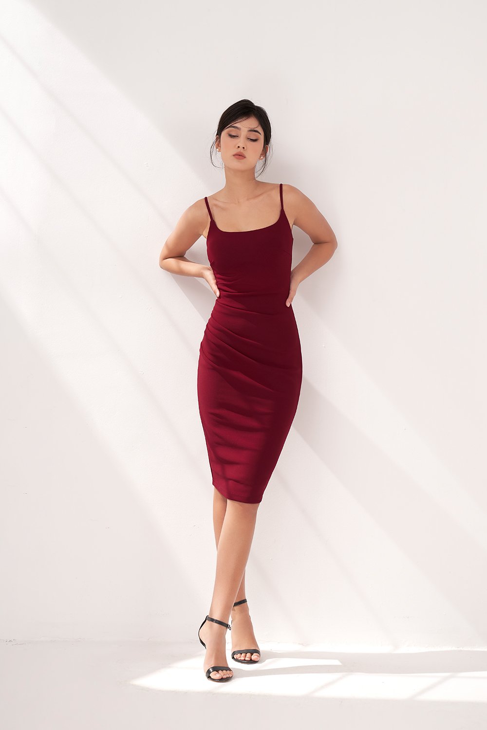 Clea Strappy wide U-neck Padded Ruched Dress in Wine Red