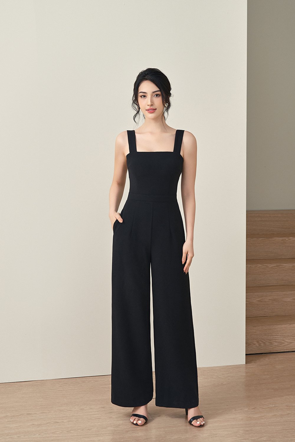 Zora Padded Cut Out Back Straight Legged Jumpsuit in Classic Black