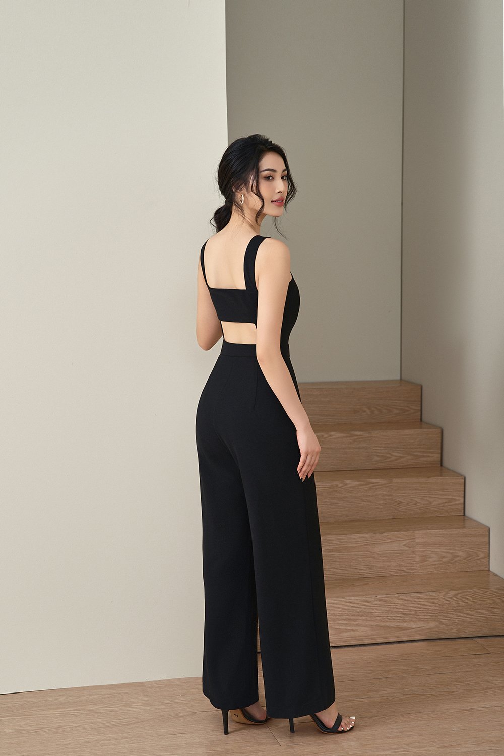 Zora Padded Cut Out Back Straight Legged Jumpsuit in Classic Black