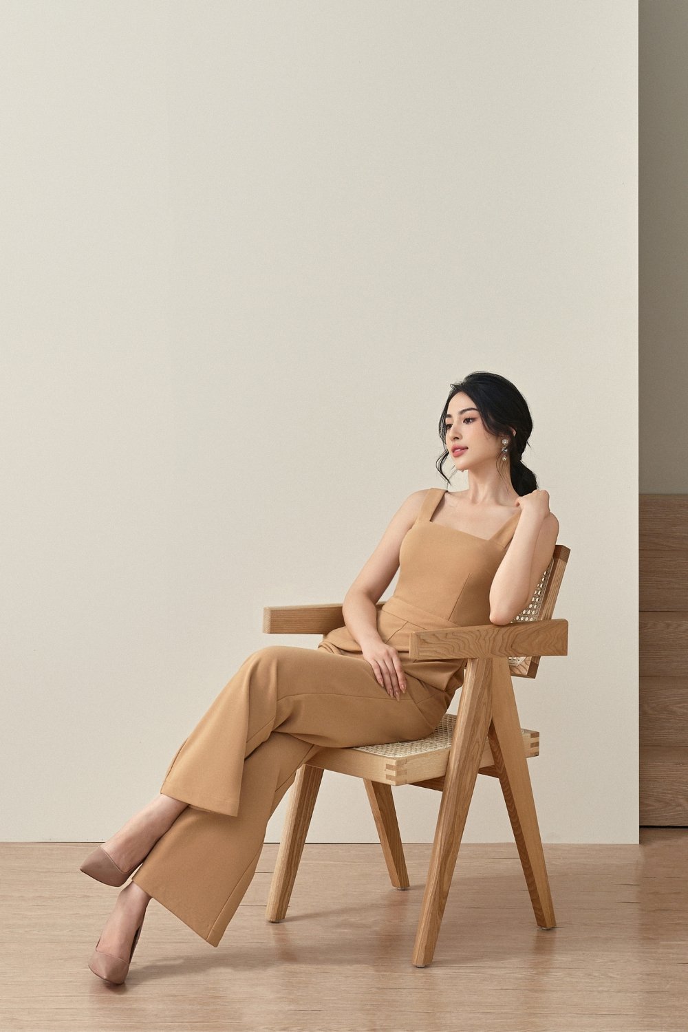 Zora Padded Cut Out Back Straight Legged Jumpsuit in Latte