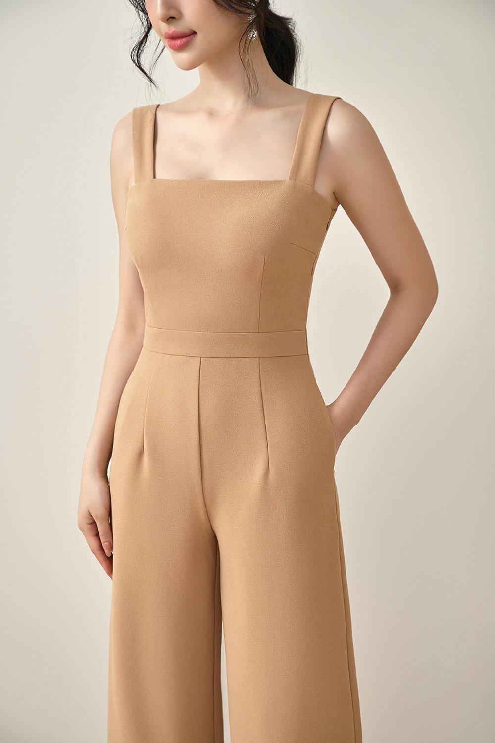 Zora Padded Cut Out Back Straight Legged Jumpsuit in Latte