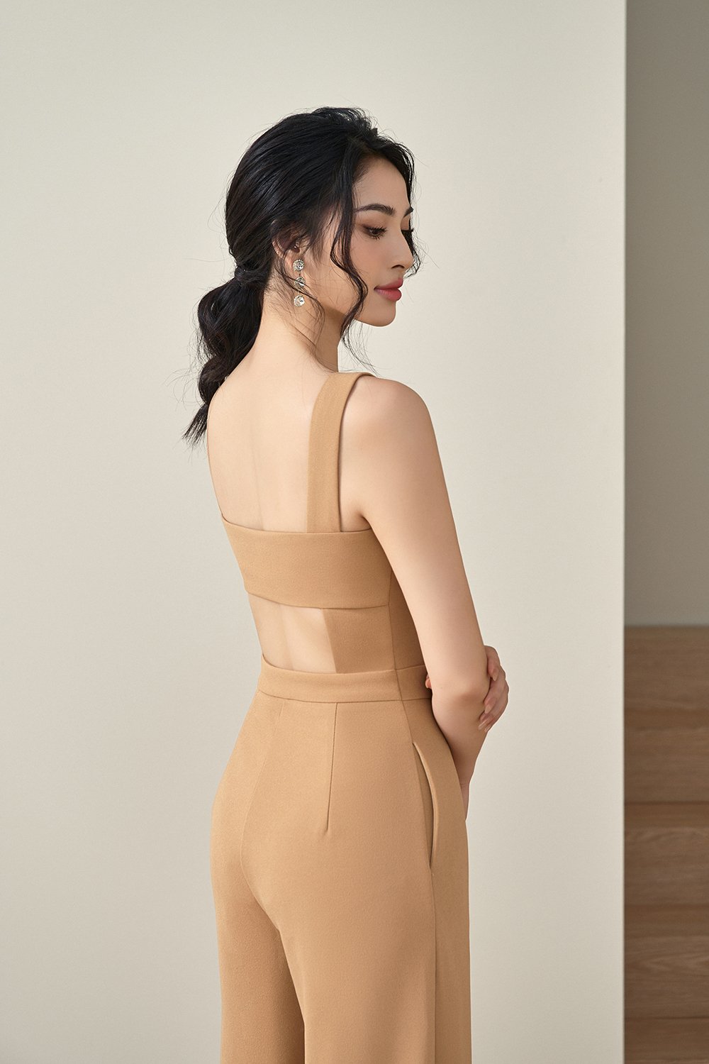 Zora Padded Cut Out Back Straight Legged Jumpsuit in Latte