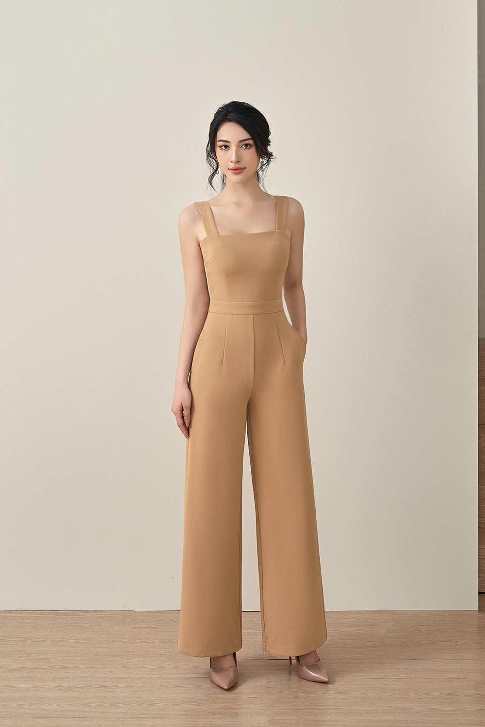 Zora Padded Cut Out Back Straight Legged Jumpsuit in Latte