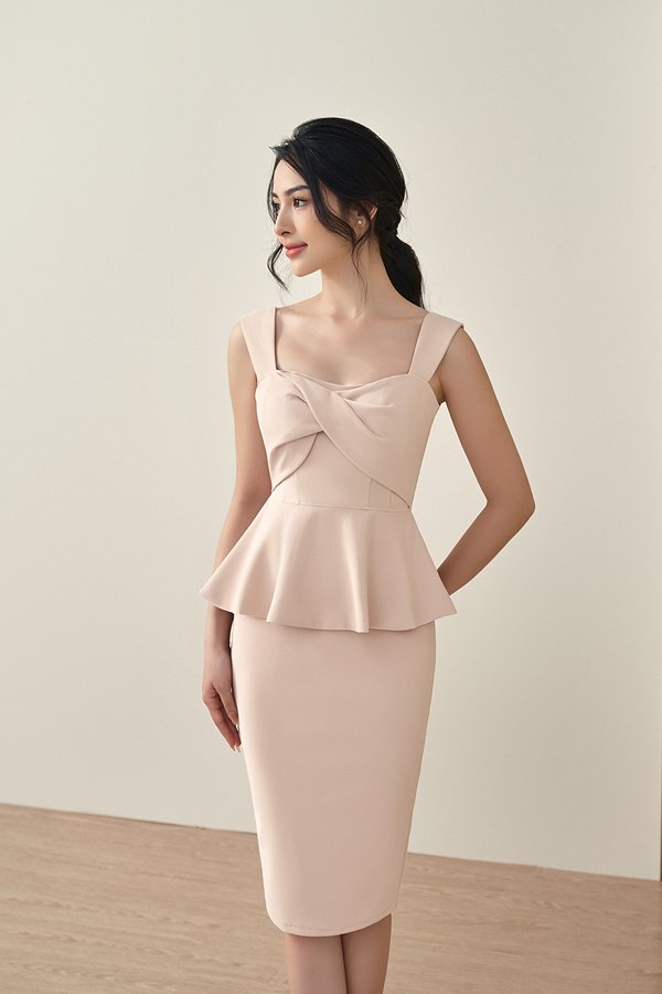 Calliope Twisted Bust Peplum Pencil Dress in Dusty Pink