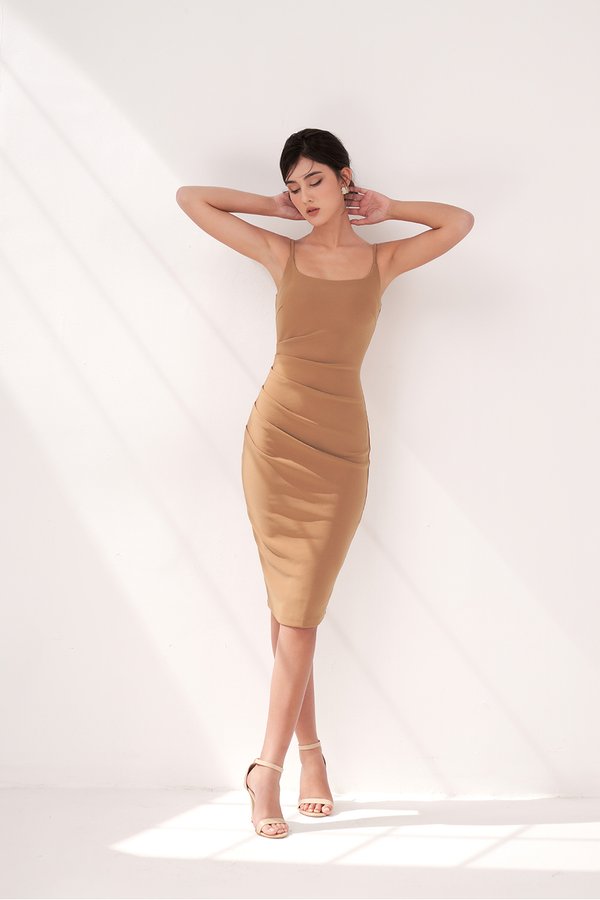 Clea Strappy wide U-neck Padded Ruched Dress in Latte